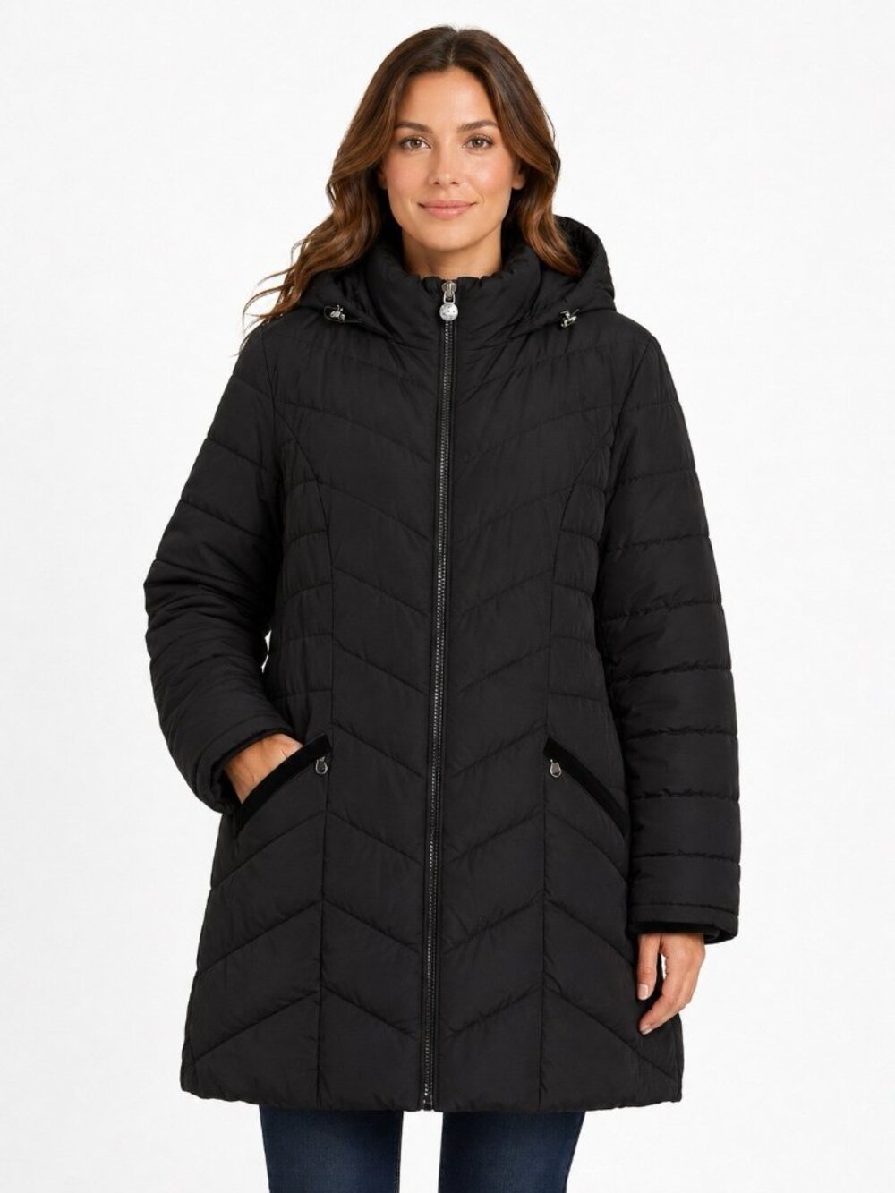 Laundry By Shelli Segal Puffer Jacket Hooded Windproof Long Black Womens Size M - Picture 2 of 16